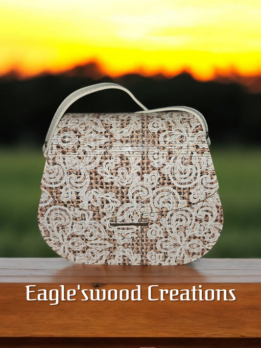 Burlap and Lace Wooden Crossbody Purse